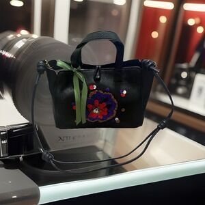 Vera Bradley Mini Hathaway Black Leather Handbag with Leather Sequin Flower New